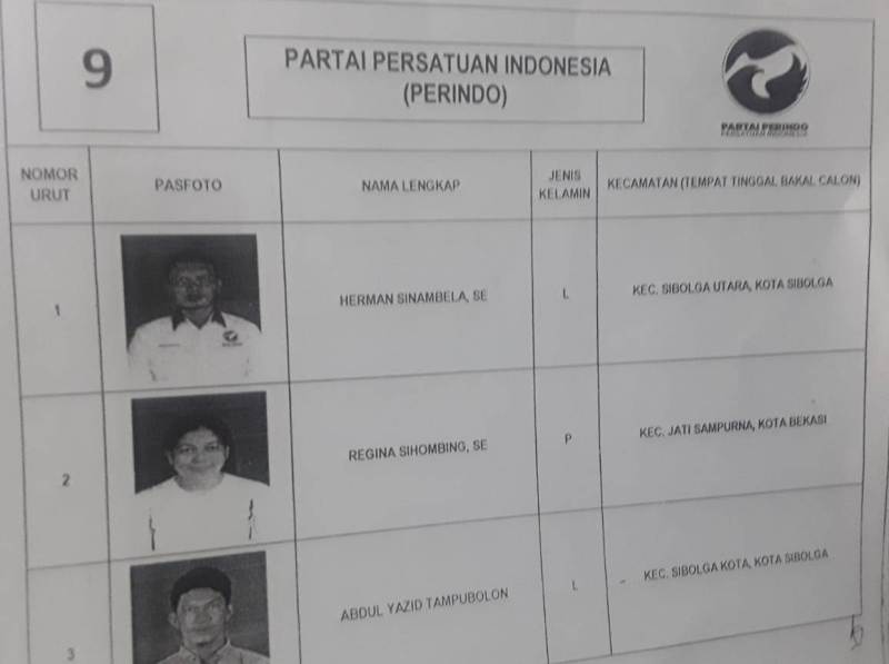 Ini Daftar Calon Anggota DPRD Sibolga dari Partai Perindo 1 caleg