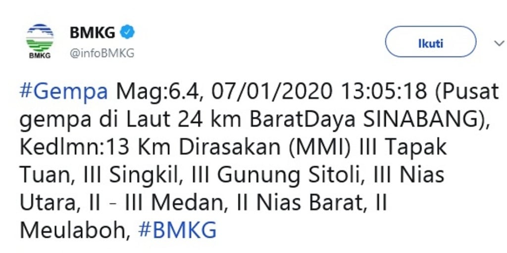 Gempa M 6.4 Sinabang Aceh Dirasakan di Nias dan Medan 1 Screenshot 2020 01 07 BMKG on Twitter 1