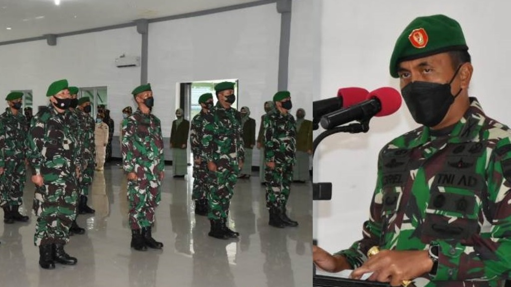 Komandan Resor Militer (Danrem) 023/KS, Kolonel Inf Febriel Buyung Sikumbang pimpin acara Korps Raport kenaikan pangkat Perwira, Bintara dan Tamtama di Aula Gupala Makorem 023/KS, Jumat (1/10/2021).